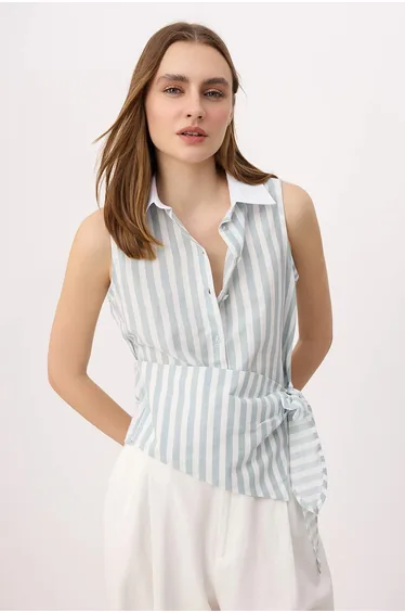 Green-Multicolor Striped Sleeveless Tie-Up Shirt
