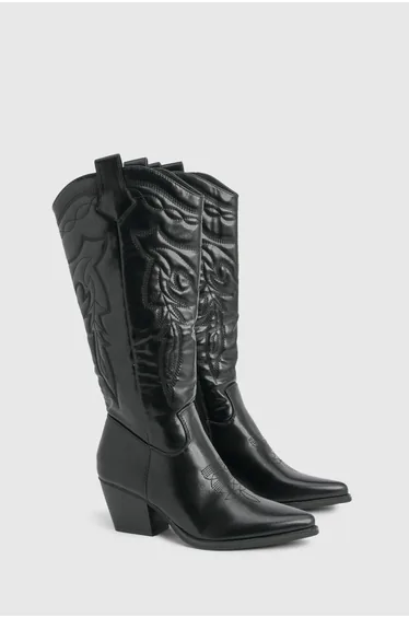 بوت بطول الركبة بتطريز - أسود