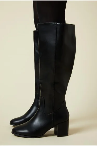 Wide Fit Keeley Round Toe Medium Block Heel Knee High Boots