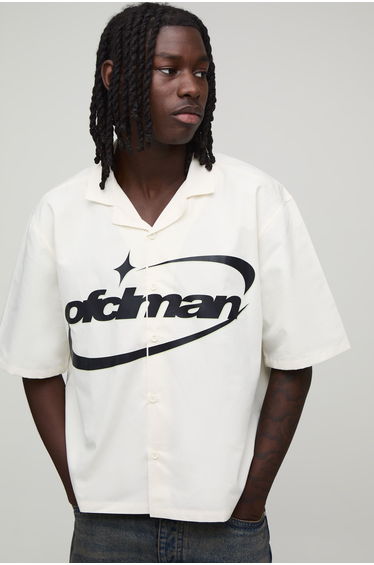 Oversized Boxy OFCLMAN Print Half Sleeve Shirt - white