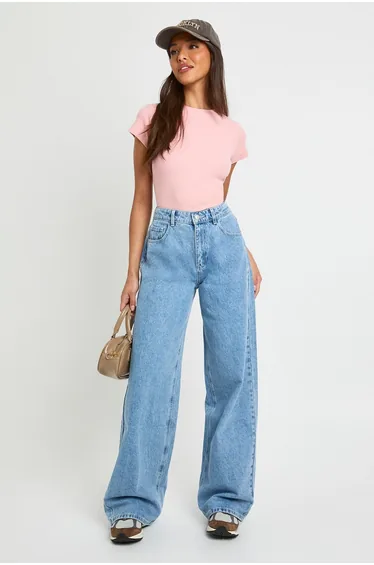 Rib Short Sleeve Fitted Top - pink
