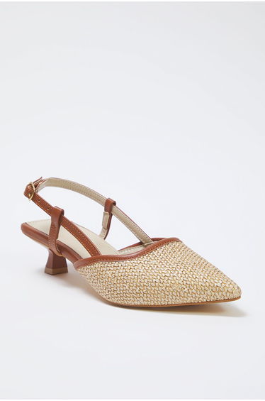 Camel Knit Detailed Open Back Women's Kitten Heeled Shoes
