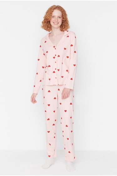 Pink 100% Cotton Heart Patterned Shirt-Pants Knitted Pajamas Set