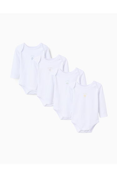Pack of 4 bodysuits with chest print for newborns and babies, white