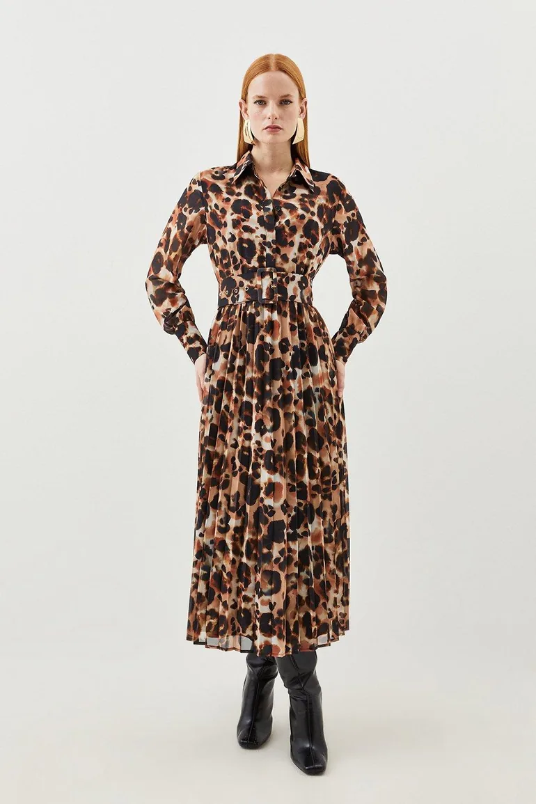 Petite Blurred Animal Georgette Woven Shirt Midi Dress