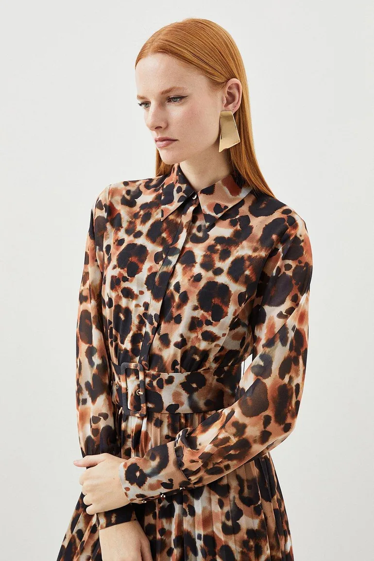 Petite Blurred Animal Georgette Woven Shirt Midi Dress - 1