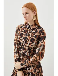 Petite Blurred Animal Georgette Woven Shirt Midi Dress - 1