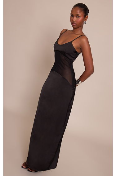 Black Satin Cowl Neck Maxi Shift Dress