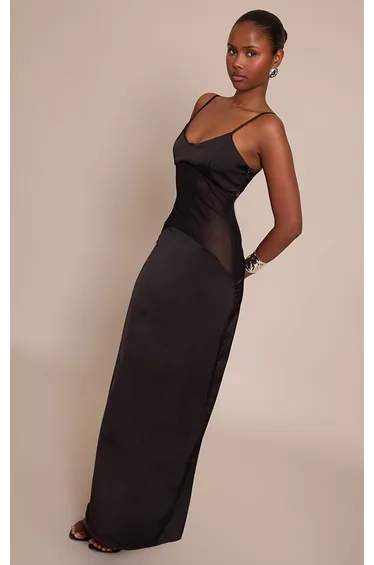 فستان ماكسي ساتان بياقة منسدلة - أسود