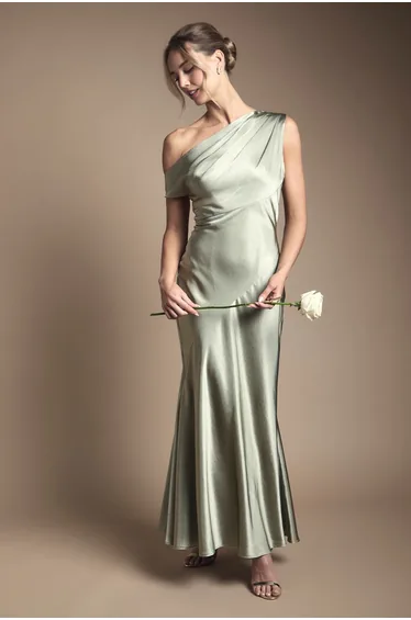 Satin Off One Shoulder Slinky Fishtail Maxi Dress