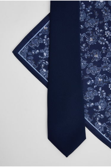 Navy Plain Tie and Floral Pocket Square