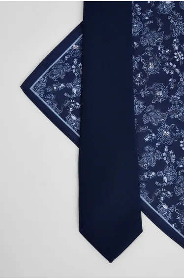Navy Plain Tie and Floral Pocket Square