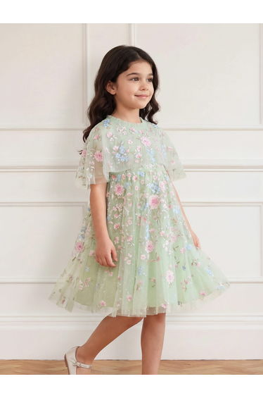 Needle & Thread Girls Peony Bouquet Cape Dress in Green