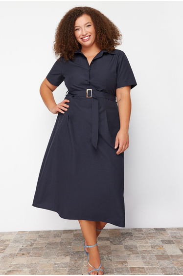 Navy Blue Belt Detailed Woven Plus Size Dress