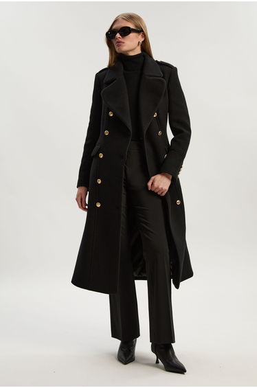 Wool Double Breasted Military Tailored Midi Coat