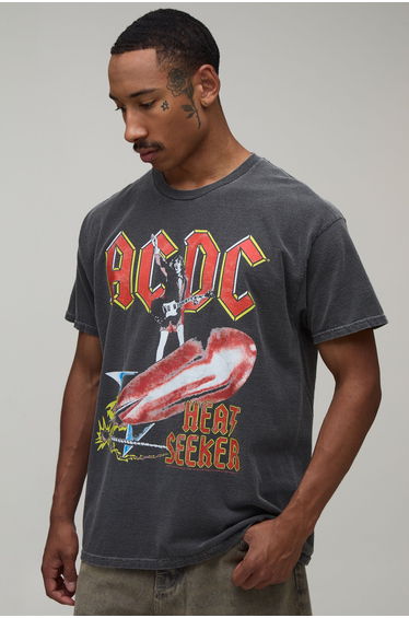 Oversized Washed ACDC License Print T-Shirt - washed charcoal