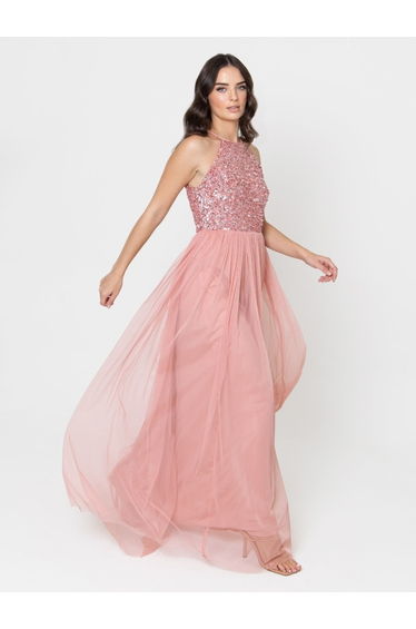 Maya Blossom Pink Embellished Halter Neck Maxi Dress