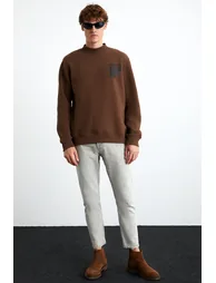 GRIMELANGE CHASEY Men's Organic Cotton Stand Collar Printed Dark Brown Sweatshirt - 2