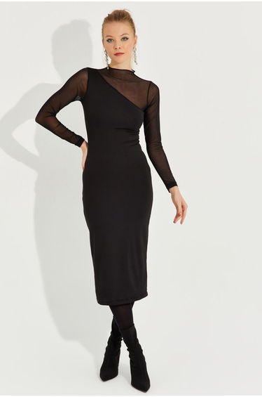 Women's New Year Black Tulle Detailed Asymmetrical Midaxi Dress