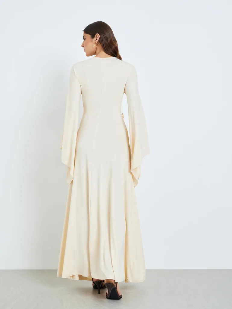 beige bodycon maxi dress Women's Olivia Bodycon Fringe Maxi Dress XS/S/M/L/Customize Beige MEAN BLVD Beige / S