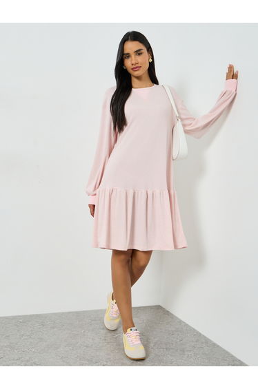 Light Pink Solid Mini Dress with Long Sleeves