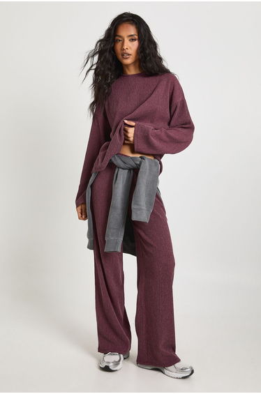 Textured Boxy Long Sleeve Top - plum
