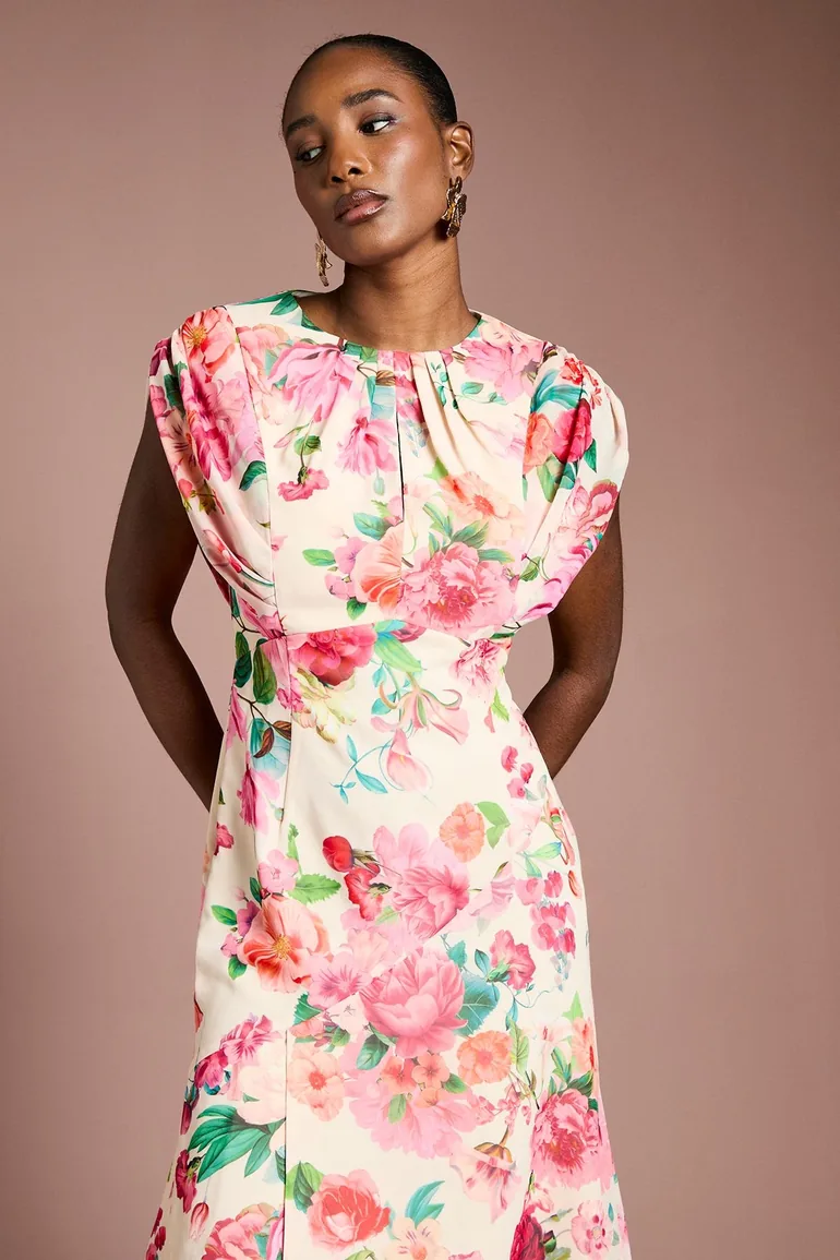 فستان ميدي شيفون بأكمام كاب بطبعة أزهار - 1