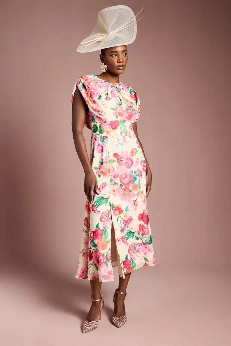 فستان ميدي شيفون بأكمام كاب بطبعة أزهار