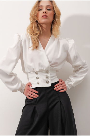 Women's White Double Breasted Collar Princess Sleeve Gold Button Detailed Crop Top