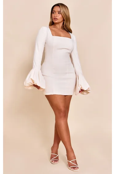 Shape Cream Woven Square Neck Puffball Sleeve Mini Dress