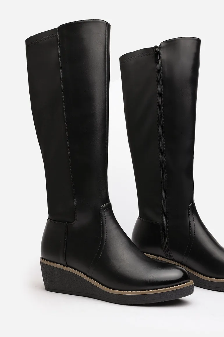 Kavira Black Knee High Wedge Heeled Boots with Stretch Calf Panel - 3