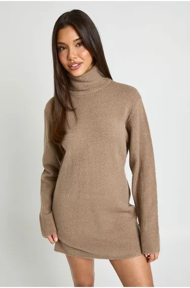 Roll Neck Chunky Knit Mini Dress - taupe
