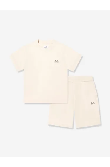 C.P. Company Boys Cotton Jersey Logo Short Set in Beige