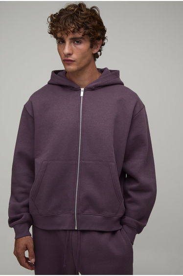 Essential Oversized Boxy Zip Through Hoodie - mauve