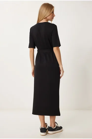 Women's Black Belted Stretchy Knitted Dress