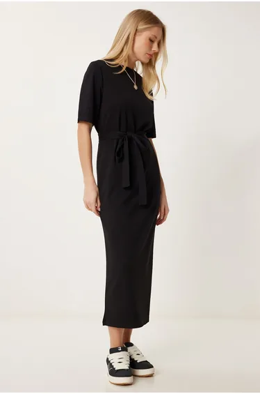 Women's Black Belted Stretchy Knitted Dress