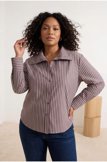 Special Collection Brown-Multicolor Collar Detailed Off Shoulder Shirt