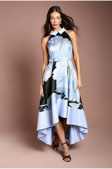 Jacquard High Low Halter Neck Midi Dress