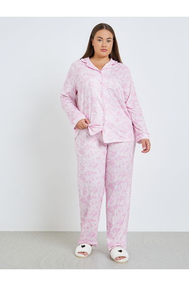 Plus Size Pink Paisley Print Shirt and Pyjama Set
