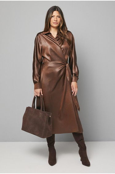 Textured Satin Wrap Midi Dress