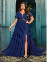 Stylish Navy Blue Plus Size Short Sleeve V-Neck Gown Dress - 4