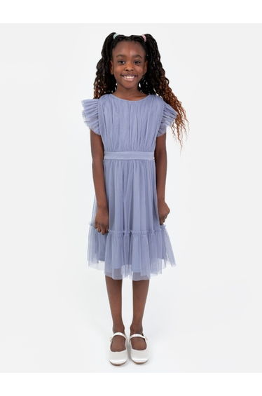 Mini Anaya Recycled Slate Blue Flutter Sleeve Midi Dress with Bow Detail