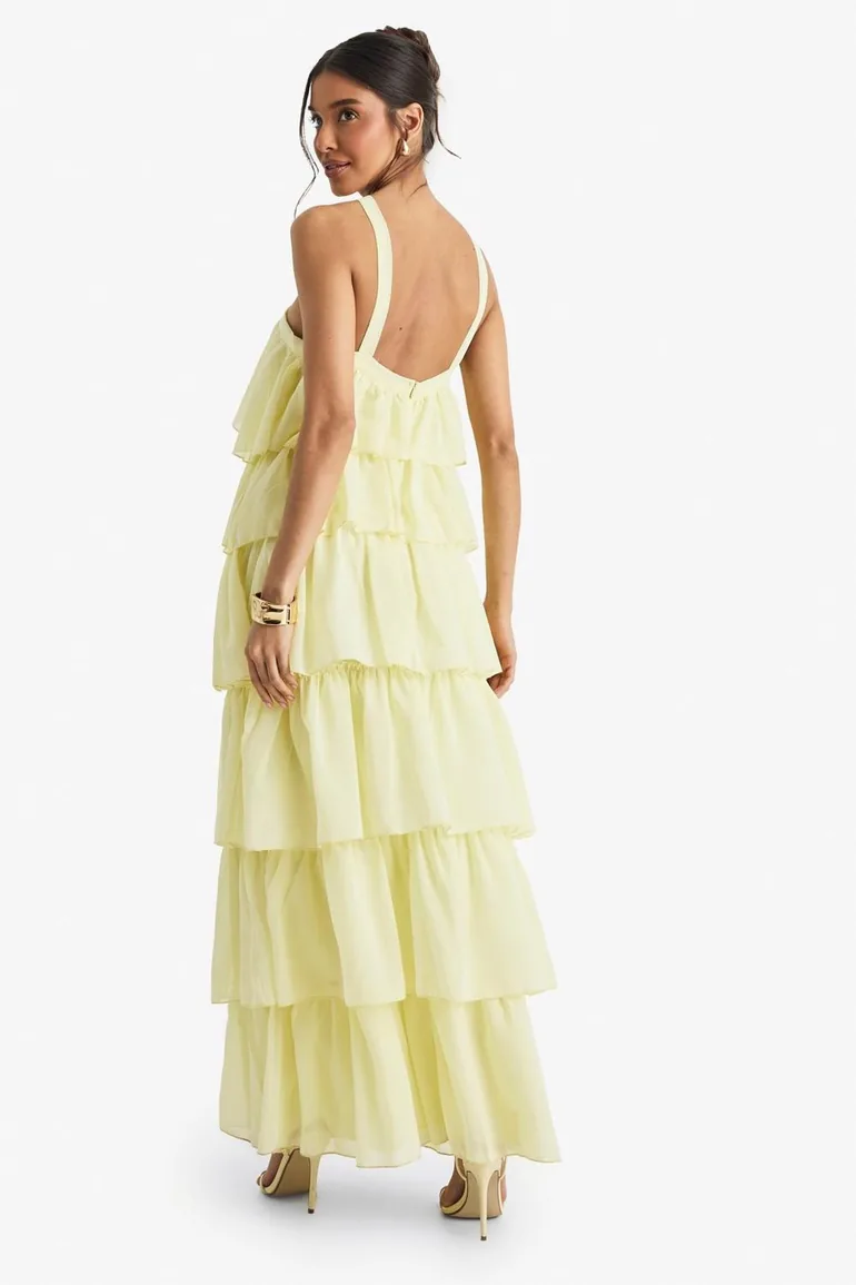Chiffon Tiered Halterneck Maxi Dress - lemon Boohoo : Evening Dresses :  VogaCloset Iraq