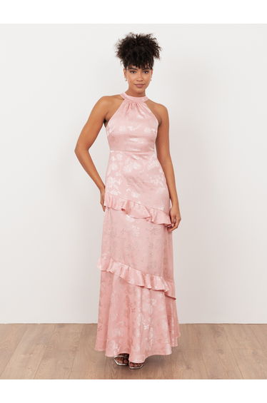 Maya Soft Pink Floral Jacquard Satin Halter Neck Maxi Dress