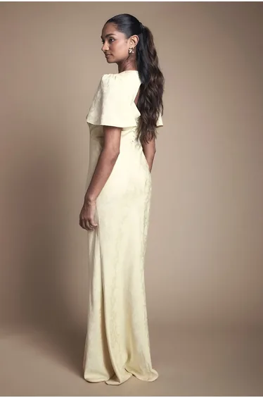 Angel Sleeve Satin Jacquard Bridesmaid Maxi Dress