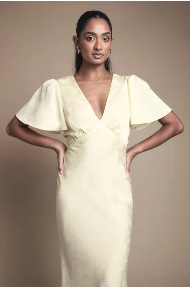 Angel Sleeve Satin Jacquard Bridesmaid Maxi Dress