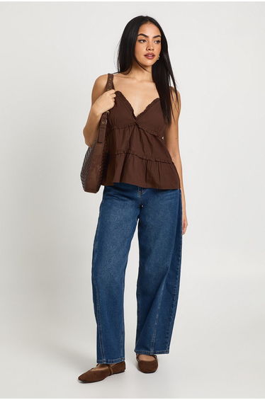Poplin V Neck Ruched Cami Top - chocolate