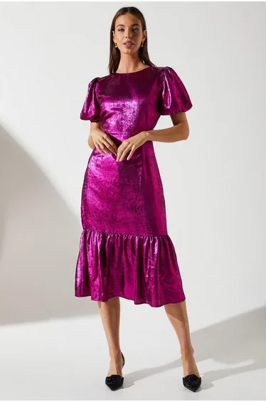 Puff Sleeve Flute Hem Metallic Midi Dress