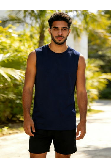 Men Dark Blue Solid Round Neck Tank and Shorts Co-Ords