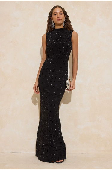 Black Stone Printed Knitted Lined Evening Dress & Graduation Dress